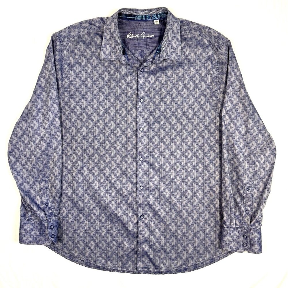 Robert Graham Shirt Men's 4XL Blue Paisley Cotton Long Sleeve Contrast Cuff